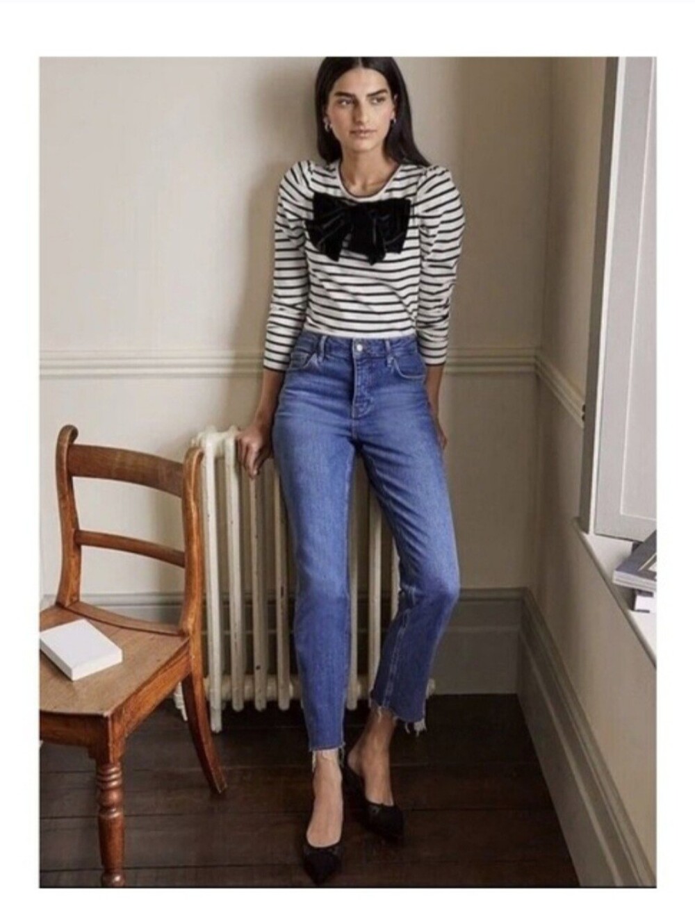 Boden Imogen Breton Stripe Velvet Bow Shirt Puff Sleeve Sz 2 Ivory Black Stripe